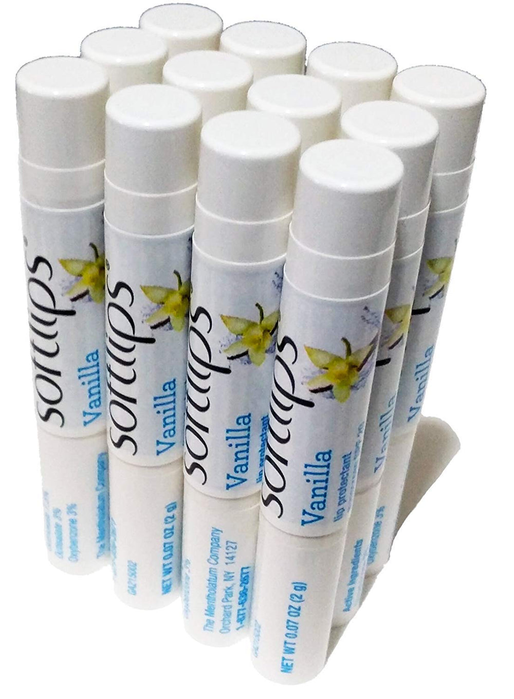 SoftLips lip balm SPF 20 Vanilla sticks in a 12-pack hydrate and protect lips during sunny days.