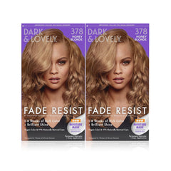 SoftSheen Dark and Lovely Honey Blonde packaging highlights color and fade-resistance.