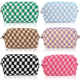 SOIDRAM 6-piece checkered makeup bag set in pink and black for organized travel.