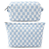 SOIDRAM makeup bag front view shows durable canvas and blue checkered pattern for travel organization.