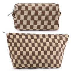 SOIDRAM two-piece makeup bag in brown checkered canvas with large capacity for on-the-go cosmetics.
