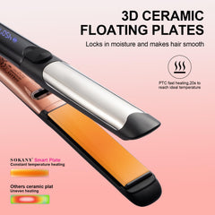 Sokany flat iron with ionic technology for frizz reduction and cuticle sealing.
