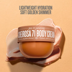 Sol de Janeiro Cheirosa 71 cream jar close-up shows radiant non-greasy texture