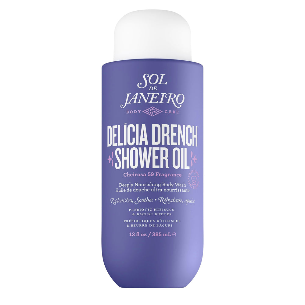 Sol de Janeiro Delicia Drench Shower Oil bottle nourishes skin during shower ritual.