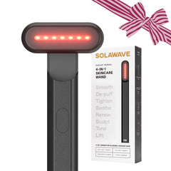 Solawave 4-in-1 wand on face and neck for radiant, smoother skin.