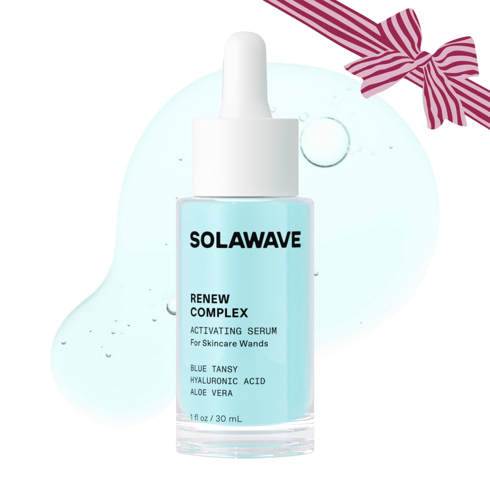 Solawave Renew Complex Serum bottle highlights hydrating formula priming skin for wand sessions