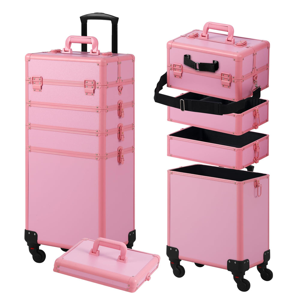 Somduy makeup train case pink front view shows portable organization for on-the-go artists.