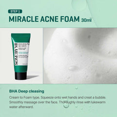SOME BY MI Miracle foam pump displaying gentle cleansing for sensitive skin.
