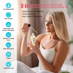 Soothing House Bubblegum Cotton Candy Oil on shower shelf: post-shower glow boost.
