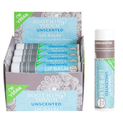 Soothing Touch unscented vegan lip balm tube closeup for everyday hydration.