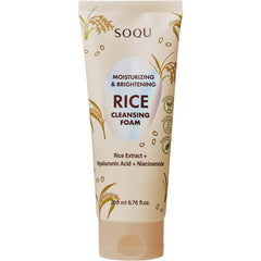 SOQU Rice Foam Cleanser bottle on vanity showing hydrating cleansing