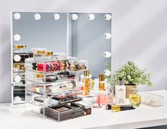 Sorbus acrylic makeup organizer 6-drawer side view saves counter space on busy vanities.