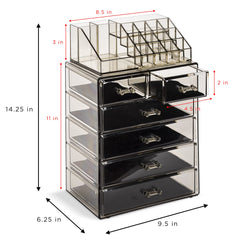 Sorbus acrylic makeup organizer small side-by-side compartments separate eye shadows and liners.