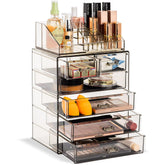 Sorbus acrylic makeup organizer top compartment for easy access to brushes and lipsticks.