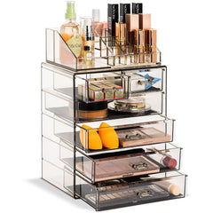 Sorbus acrylic makeup organizer top compartment for easy access to brushes and lipsticks.