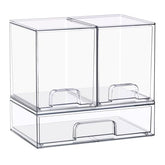 Sorbus acrylic storage 3-pack wide-tall assembly demonstrates space-saving vanity organization.