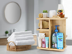 Sorbus bamboo counter organizer on the bathroom counter reducing clutter.