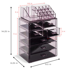 Sorbus clear cosmetic makeup organizer drawer detail highlights smooth slides and sturdy grip handles