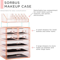 Sorbus clear cosmetic makeup organizer drawer-filled layout demonstrates versatile storage for makeup and jewelry