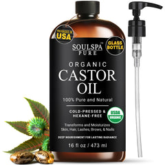 SoulSpa Pure castor oil bottle amber glass for daily hair and skin nourishment.