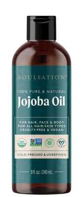 SOULSATION Jojoba Oil bottle with pour shows smooth texture for skin and hair care