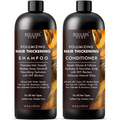 SOULSPA PURE hair thickening shampoo bottle shows a volumized look for fuller hair.