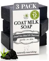 Southern Natural charcoal soap bar 3-pack packaging showing gentle cleanse for sensitive skin.