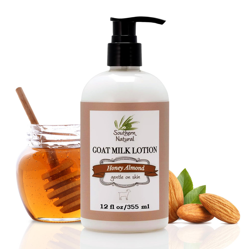 Southern Natural Goat Milk Lotion bottle closeup showing nourishing hydration for dry skin