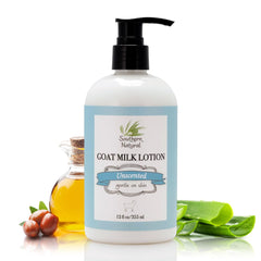 Southern Natural Goat Milk Lotion jar closeup shows rich hydration for dry skin.