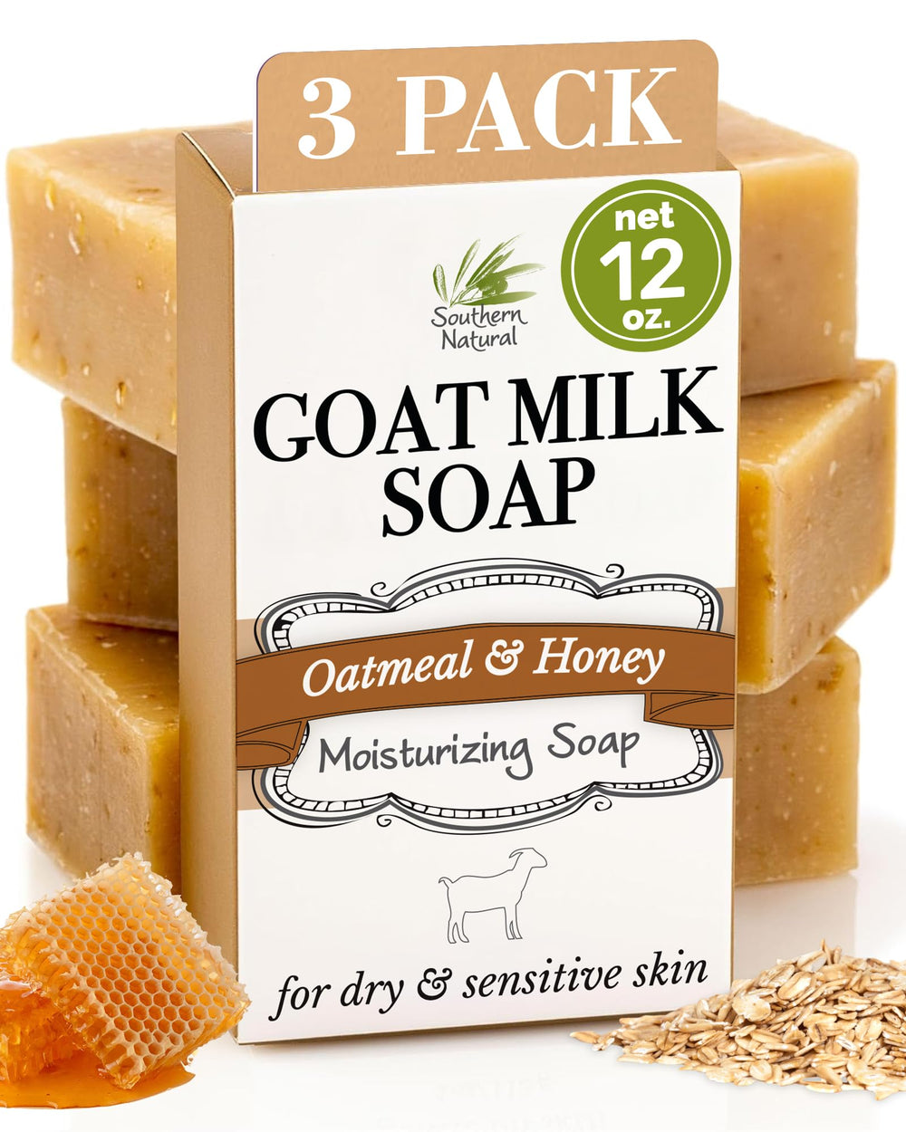 Southern Natural Oatmeal Soap Bar 3-pack on display for dry, sensitive skin.