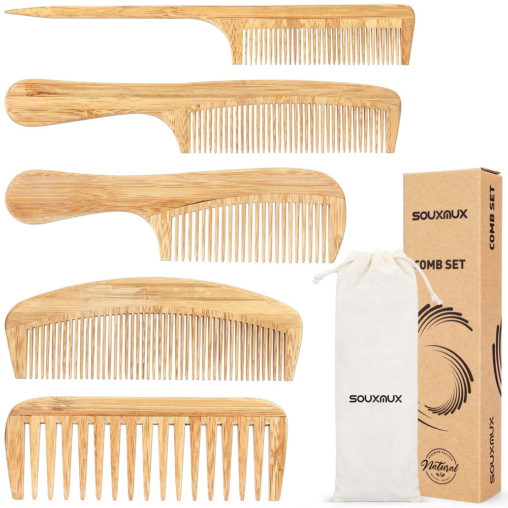 SouxMux wide-tooth bamboo comb detangles knots gently for thick hair.
