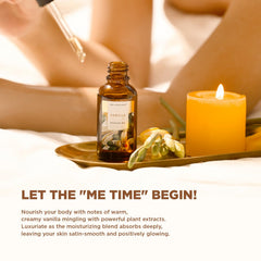Spa Luxetique massage oil and body lotion beside bath bombs for a spa-like routine.
