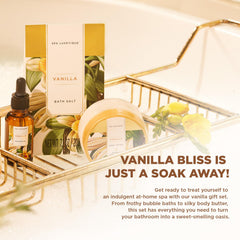 Spa Luxetique vanilla bath salts close-up highlighting nourishing ingredients for smooth skin.