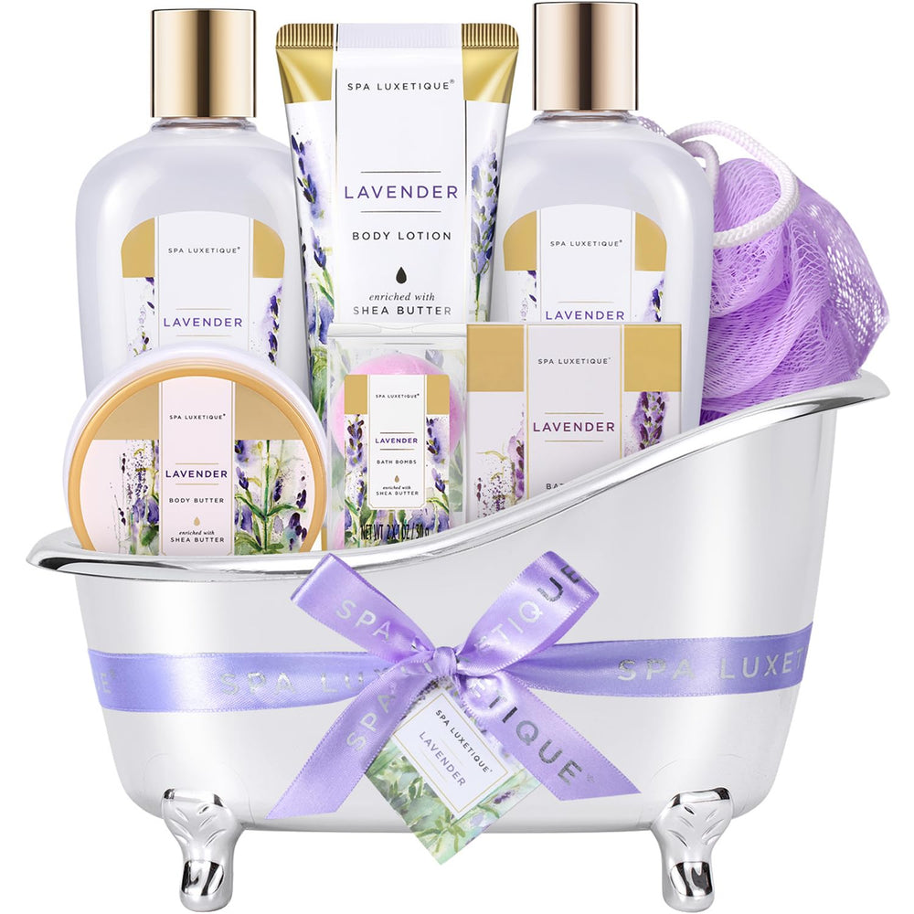 Spa Luxetique lavender bath set packaging shows premium gift presentation.