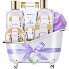 Spa Luxetique lavender bath set packaging shows premium gift presentation.