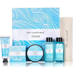 Spa Luxetique Ocean Spa Set packaging closeup highlights elegant gift presentation.