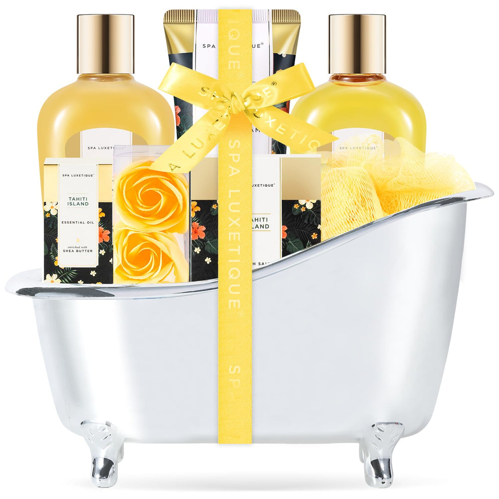 Spa Luxetique spa gift basket packaging in yellow, ideal for gifting