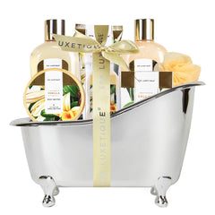 Spa Luxetique vanilla bath gift basket with pampering products for an at-home spa ritual