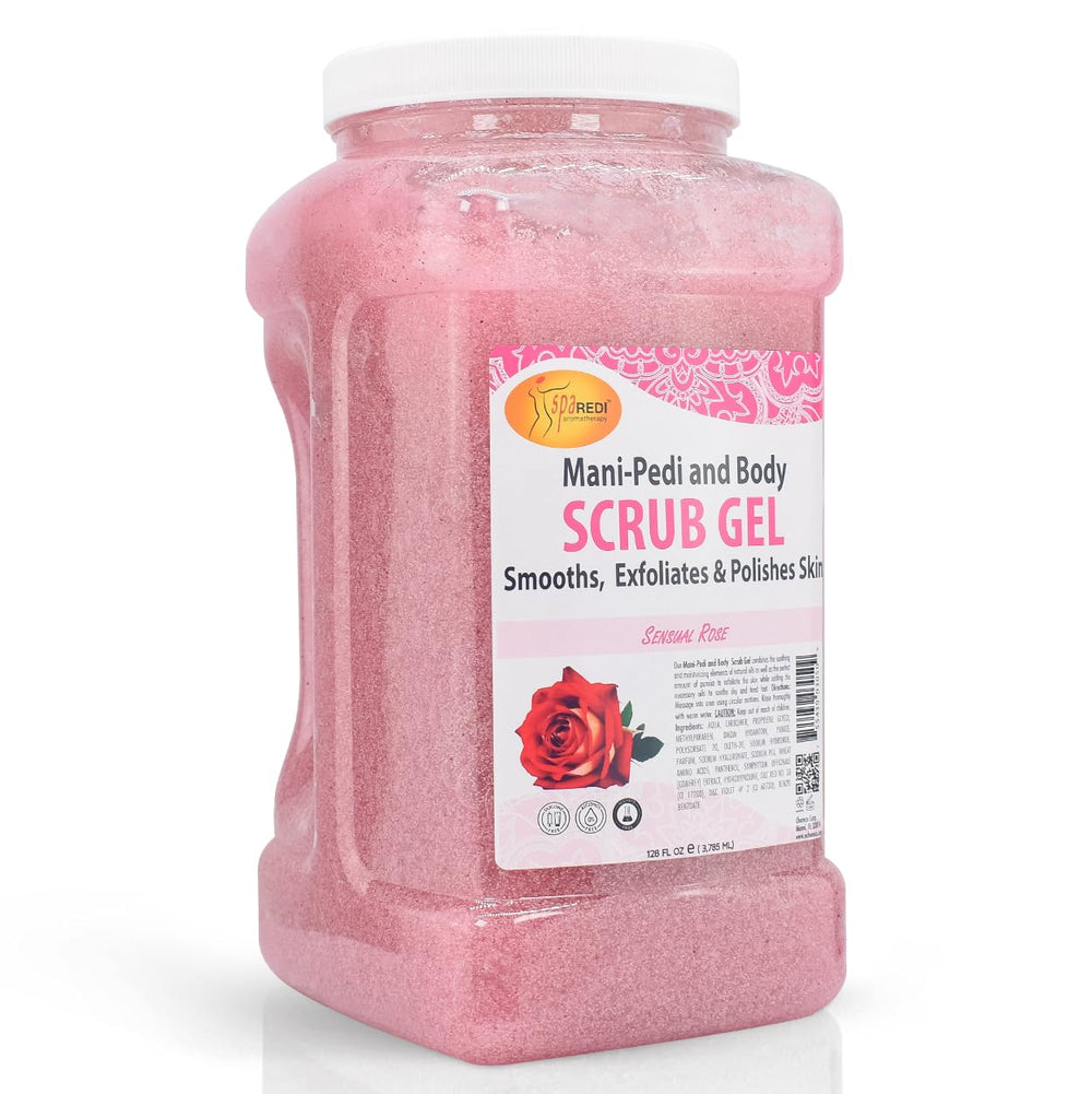 SPA REDI Sensual Rose Pumice Scrub Gel bottle angled for hydrating exfoliation and smooth skin