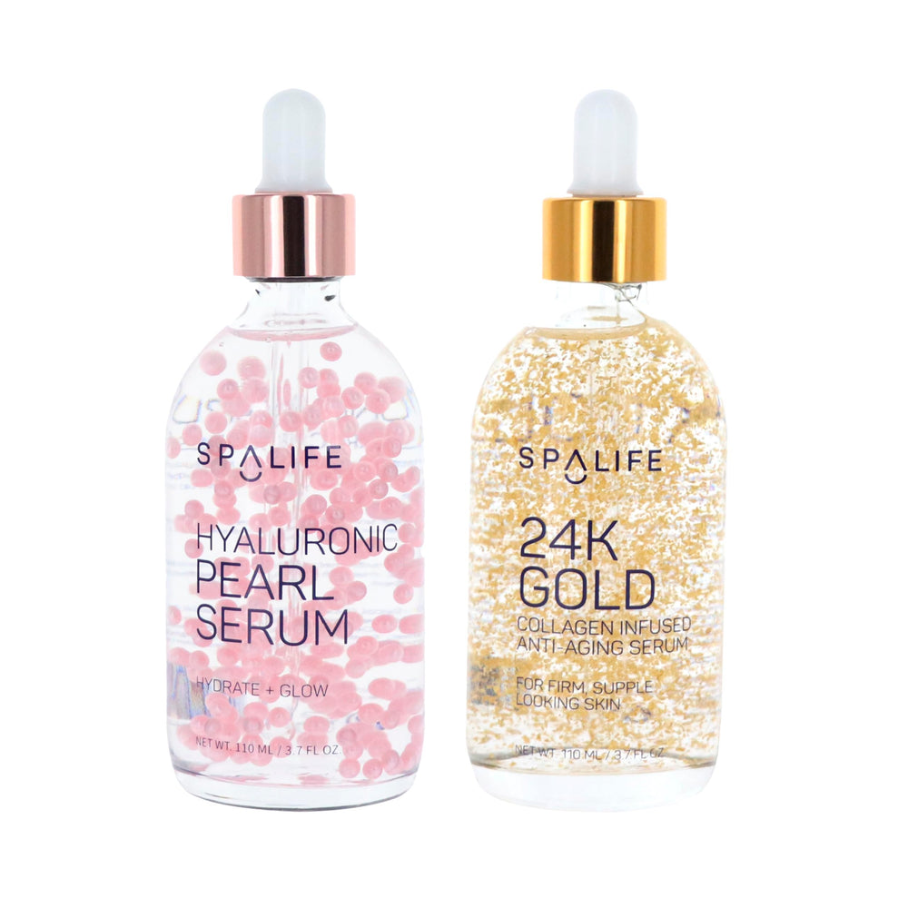 SpaLife 24K Gold Collagen Serum bottle showing radiant glow and firmness potential