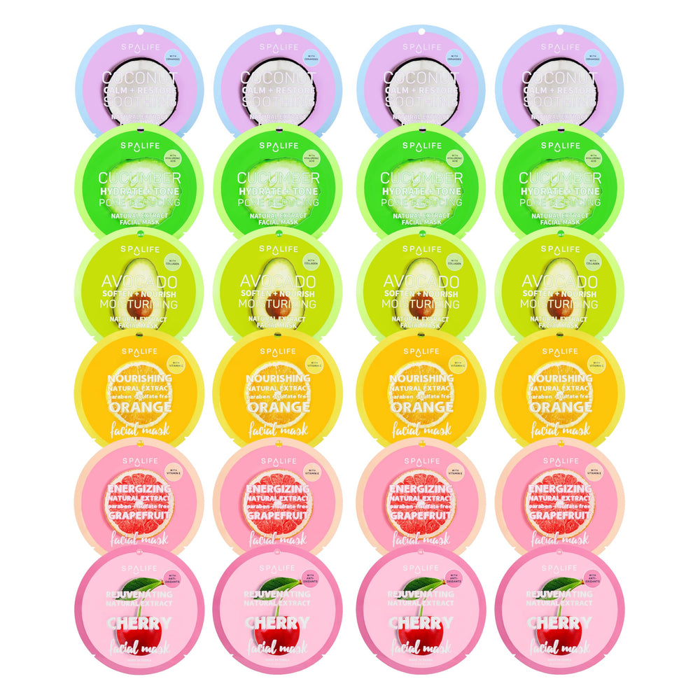 SpaLife Beauty Fruit Sheet Masks 24-pack box for hydrating skincare and aromatherapy scent