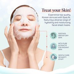 SpaLife Snow Buddies mask sheet application close-up suggests easy at-home spa treatment