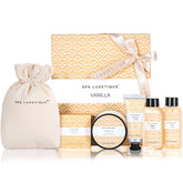 Spa Luxetique vanilla bath set bottle shows soothing fragrance for a relaxing shower