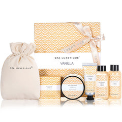 Spa Luxetique vanilla bath set bottle shows soothing fragrance for a relaxing shower
