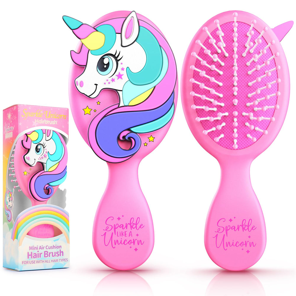 Sparkle Unicorn toddler hair brush front view shows kid-friendly design for gentle styling