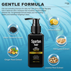 SPARTAN HAIR Root Activator Shampoo application hands shows easy-to-use cleansing.