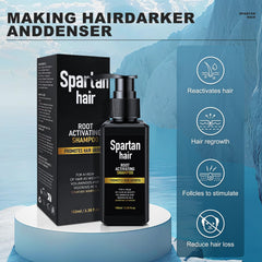 SPARTAN HAIR Root Activator Shampoo label closeup highlights natural ingredients and benefits.