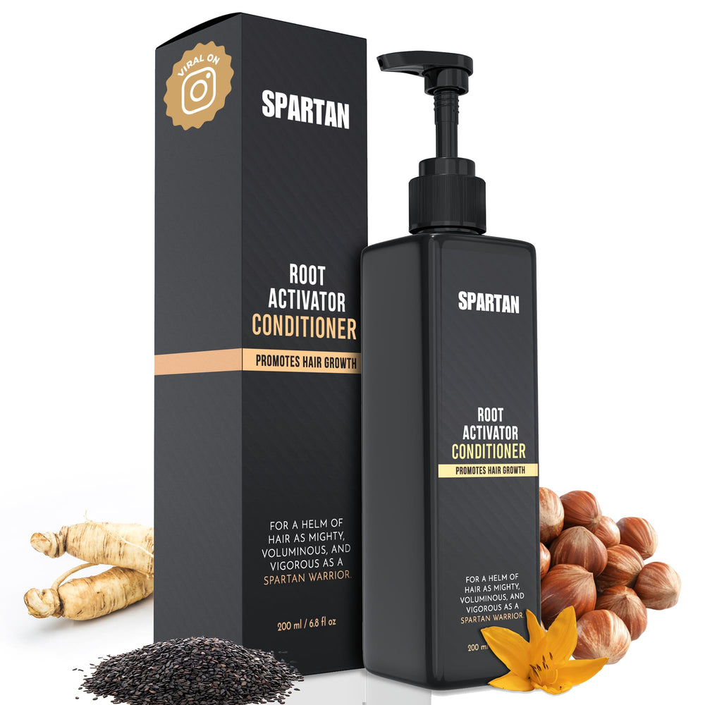 SPARTAN Root Activator Conditioner bottle closeup highlighting scalp nourishment for stronger roots.