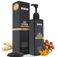 SPARTAN Root Activator Conditioner bottle closeup highlighting scalp nourishment for stronger roots.