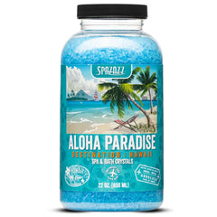 Spazazz Destinations Hawaii bottle shows spa aromatherapy crystals for home relaxation.